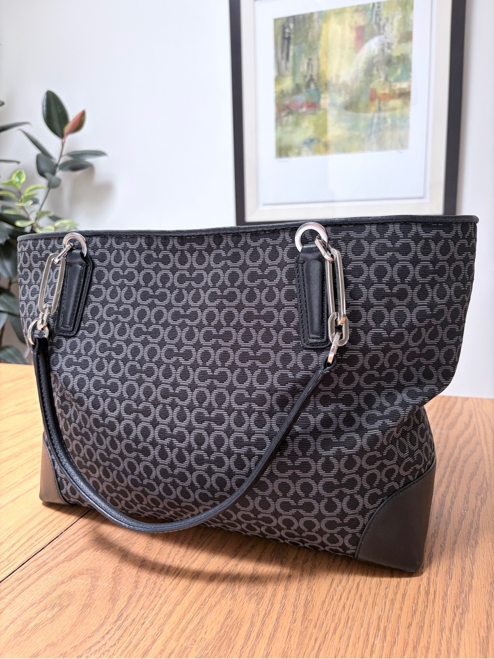 2013 COACH Madison Blk/Gry OpArt Needlepoint Tote w/ Pink Leather Charm 26767